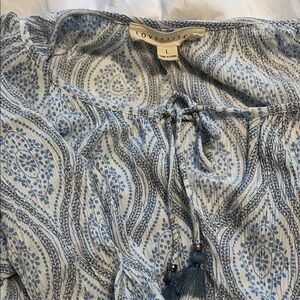 lovestitch Blue and White Paisley Tassel Peasant Blouse